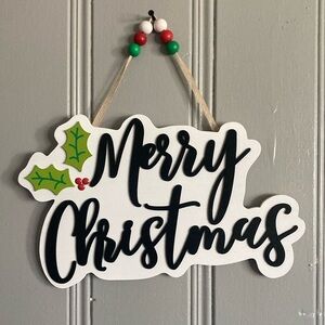 NWT- 15x17- White & Black Merry Christmas Wooden Decor Sign with beaded hanger